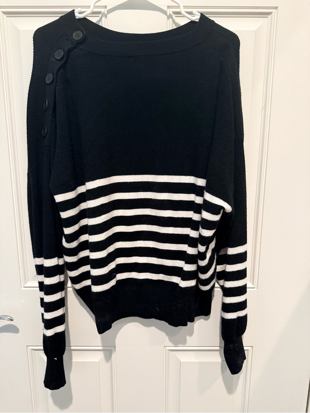 For The Republic Black and White Striped Crewneck Sweater with Shoulder Buttons